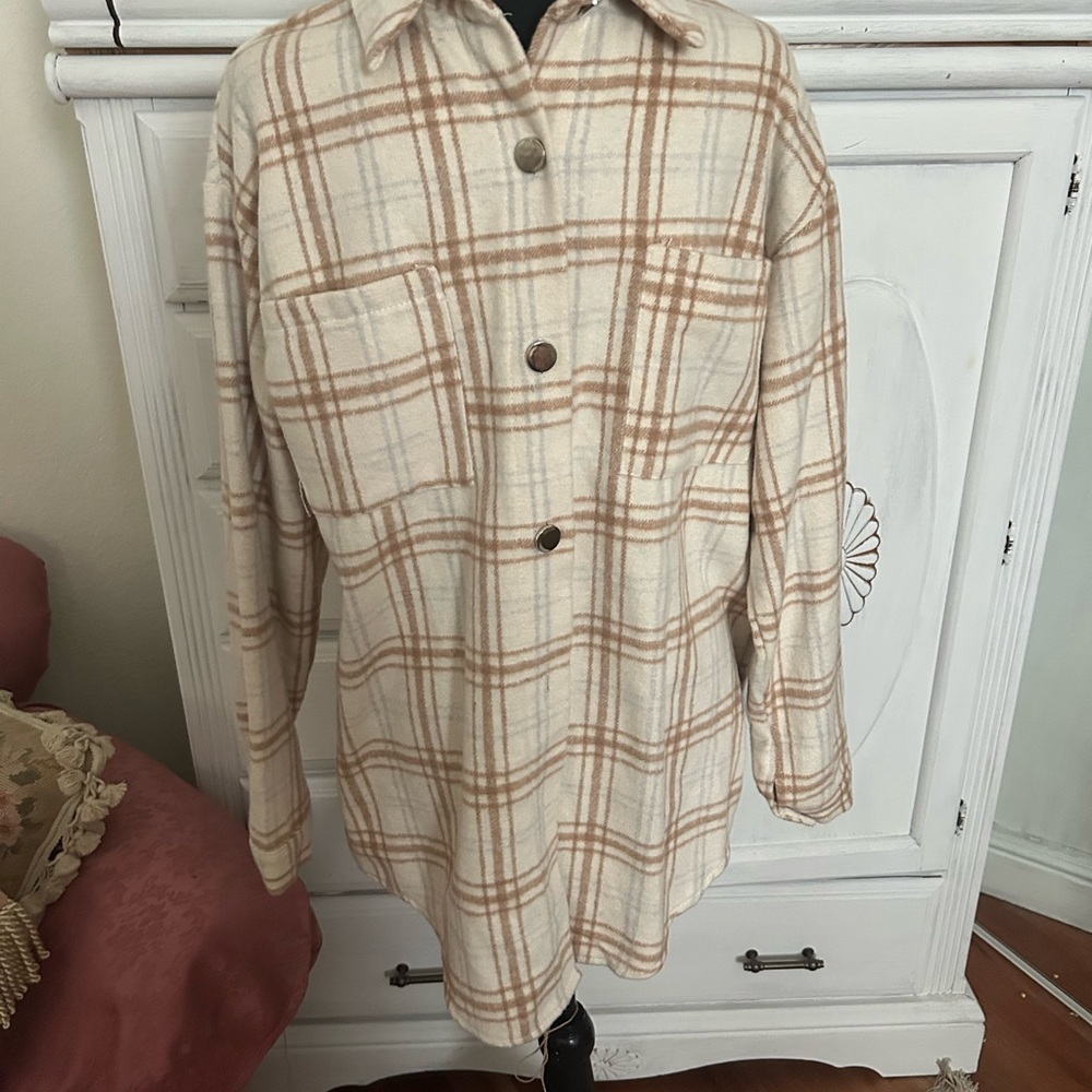 Pink Lily Cream and Tan Plaid Button Down Shirt